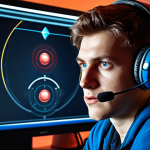 **A focused Dota 2 player, headset on, illuminated by the glow of the monitor displaying a replay analysis with strategic overlays and annotations by a coach. The player looks determined and ready to learn.** This image emphasizes the analytical and learning aspects of coaching.