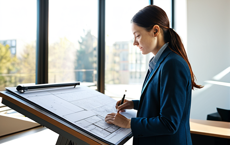 ** "A professional architect, fully clothed in a stylish, modest business casual outfit, reviewing blueprints on a large drafting table in a sunlit, modern architectural office. Natural light, perfect anatomy, well-formed hands, appropriate attire, safe for work, family-friendly, professional photography, high quality." **