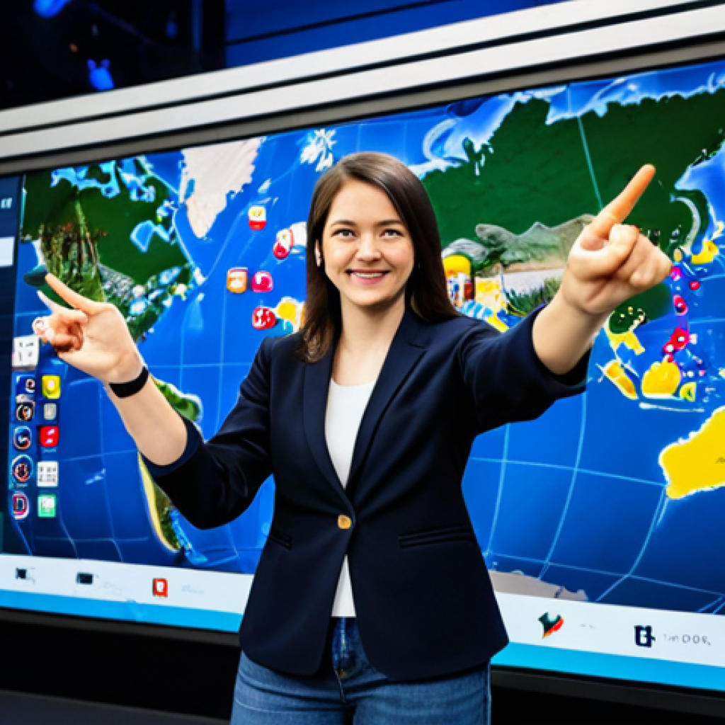 ** A professional female esports commentator, fully clothed in stylish, modest attire like a blazer and jeans, enthusiastically analyzing a Dota 2 match on a large screen. The background is a brightly lit, modern esports arena filled with cheering fans. Perfect anatomy, correct proportions, well-formed hands, proper finger count, natural pose. Safe for work, appropriate content, professional, family-friendly. **