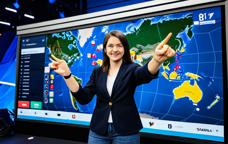 ** A professional female esports commentator, fully clothed in stylish, modest attire like a blazer and jeans, enthusiastically analyzing a Dota 2 match on a large screen. The background is a brightly lit, modern esports arena filled with cheering fans. Perfect anatomy, correct proportions, well-formed hands, proper finger count, natural pose. Safe for work, appropriate content, professional, family-friendly. **