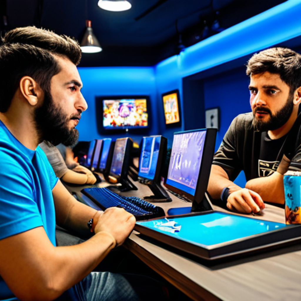 Overthrow Strategy** "A team of diverse gamers strategizing around a computer screen displaying "Overthrow" gameplay. Fully clothed, modern casual attire. Environment: A brightly lit gaming cafe in Madrid, with energy drinks and snacks on the table. Safe for work, appropriate content, professional quality, perfect anatomy, natural proportions, family-friendly." **