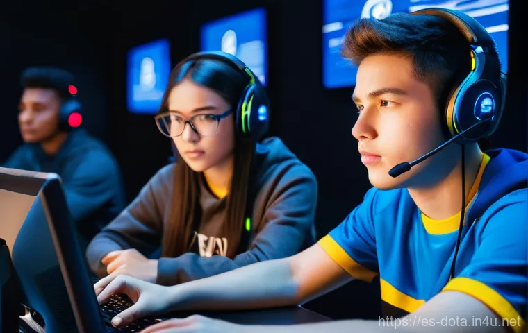 도타2 스크림 연습법 - **Prompt: Esports Team Communication & Synergy** "A diverse group of five young esports players,...