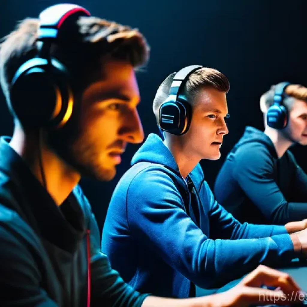 도타2 가이드 목차 - Each player is seated at their high-end gaming station, wearing headsets with microphones, their fac...