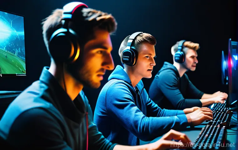 도타2 가이드 목차 - Each player is seated at their high-end gaming station, wearing headsets with microphones, their fac...