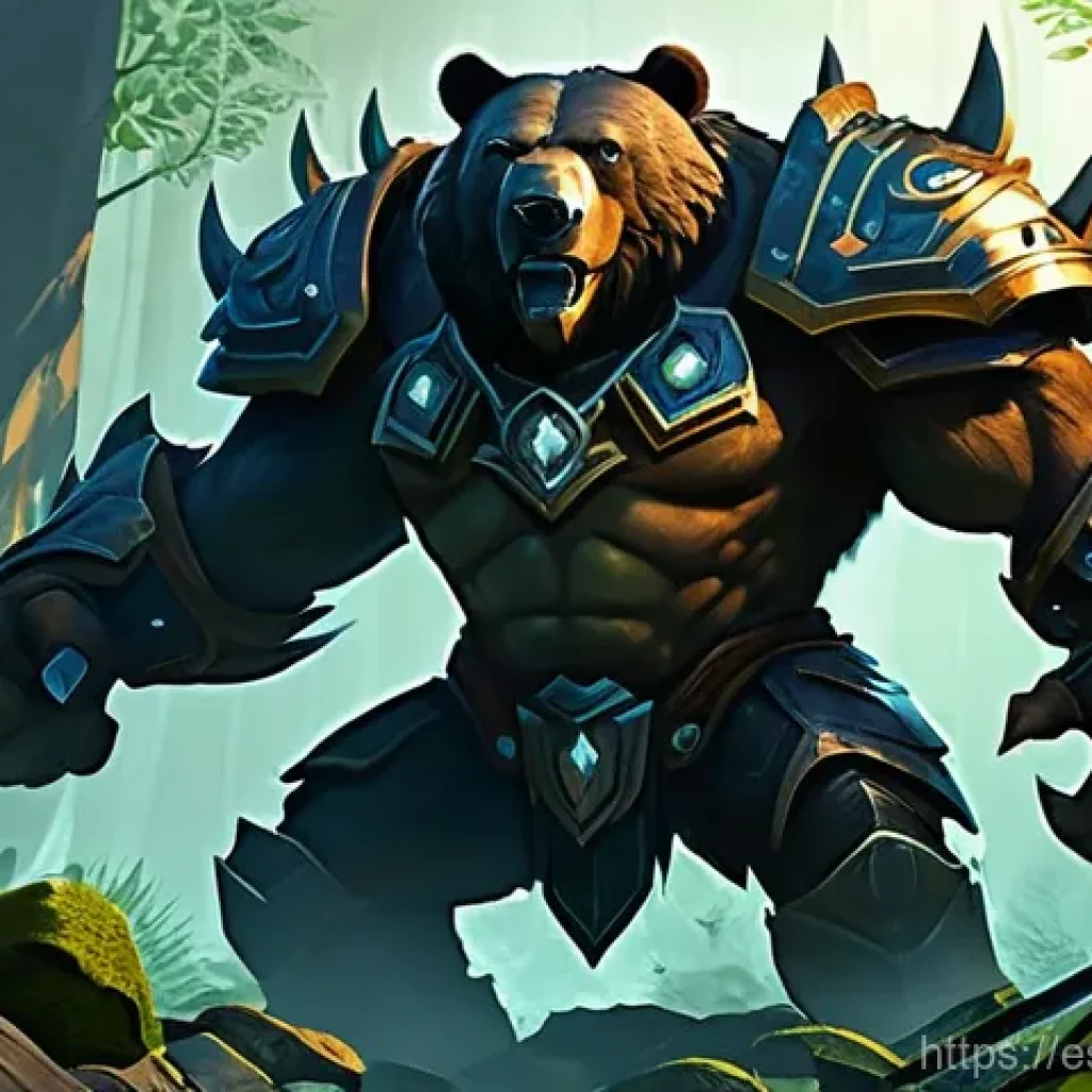 도타2 고급 전략 - **Prompt:** A powerful Ursa, a formidable bear-like warrior, stands confidently at the entrance of t...