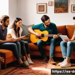 도타2 유저 제작 콘텐츠 - A detailed digital illustration of a diverse group of gamers in a cozy Spanish living room, focused ...