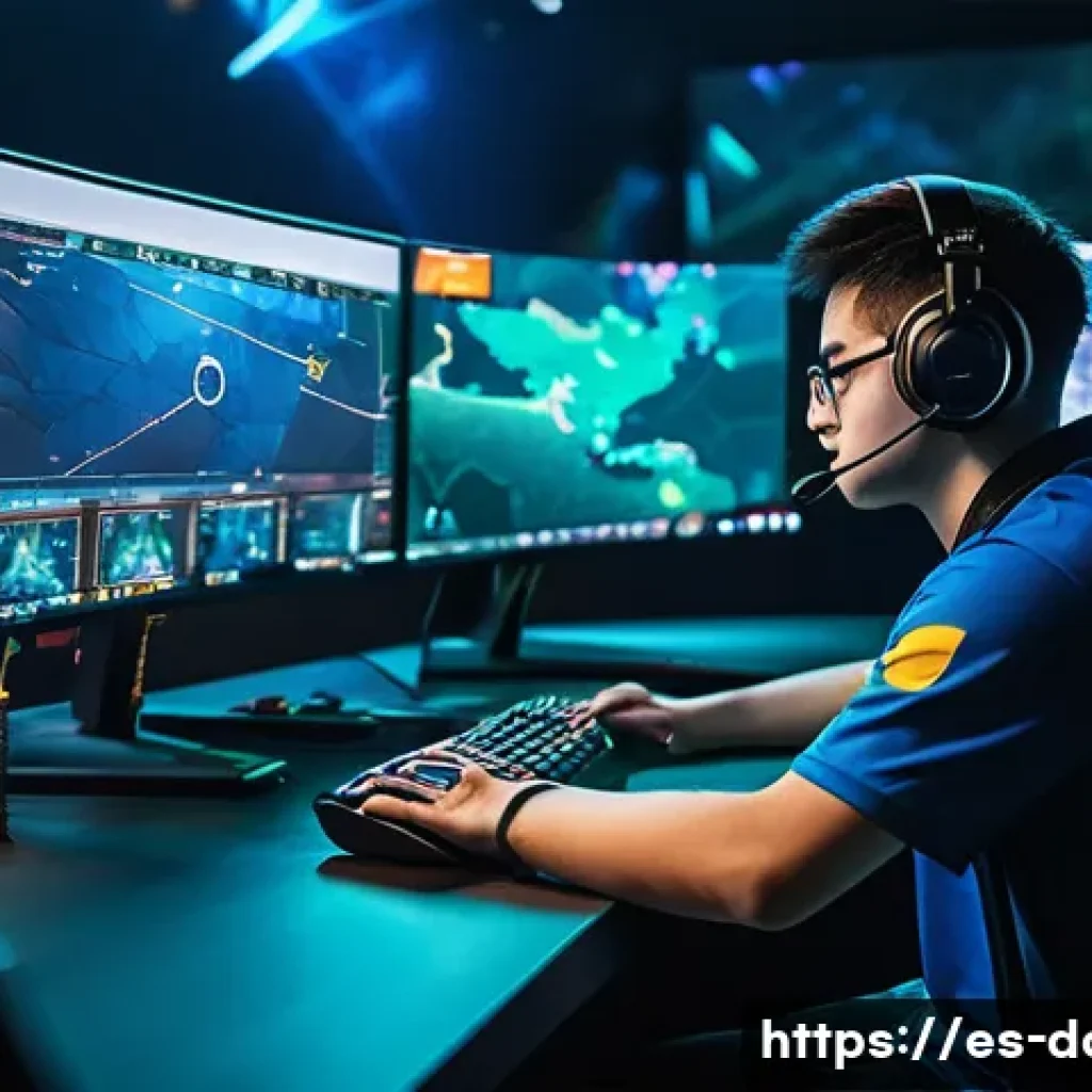 도타2 티어 시스템 - A dynamic esports scene illustrating a diverse group of Dota 2 players in a competitive gaming envir...