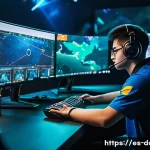 도타2 티어 시스템 - A dynamic esports scene illustrating a diverse group of Dota 2 players in a competitive gaming envir...