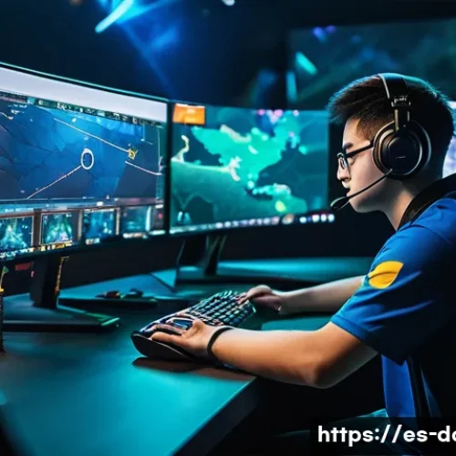 도타2 티어 시스템 - A dynamic esports scene illustrating a diverse group of Dota 2 players in a competitive gaming envir...