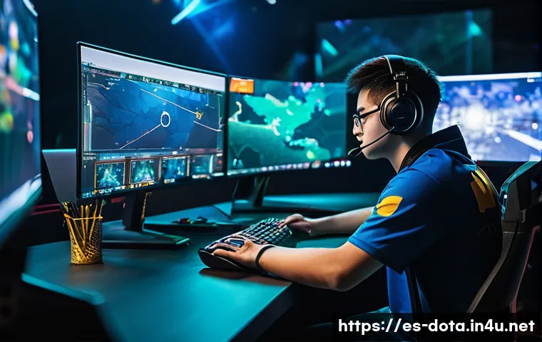 도타2 티어 시스템 - A dynamic esports scene illustrating a diverse group of Dota 2 players in a competitive gaming envir...