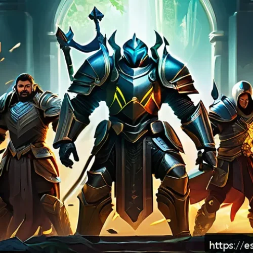도타2 리플레이 분석 방법 - A detailed digital illustration of a strategic team fight in a fantasy MOBA game setting, featuring ...