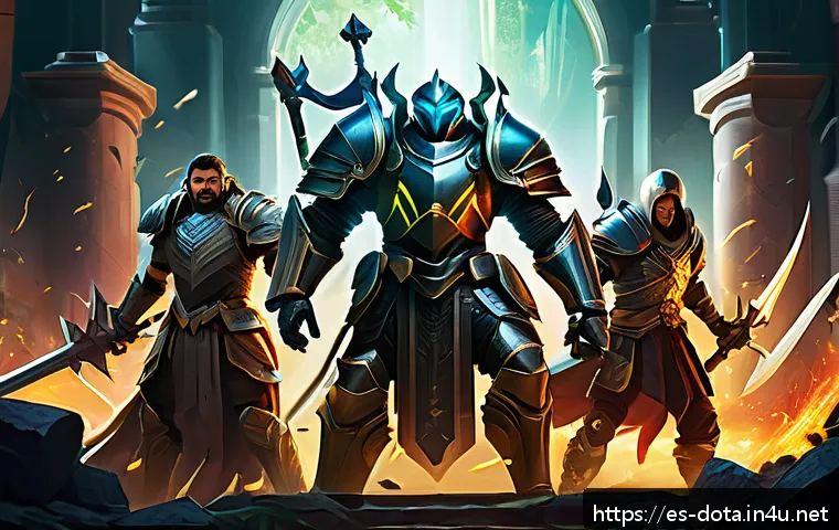 도타2 리플레이 분석 방법 - A detailed digital illustration of a strategic team fight in a fantasy MOBA game setting, featuring ...