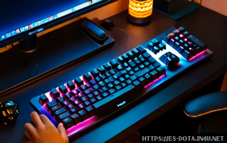 Home 17 도타2 키보드 매핑 - Photorealistic overhead view of a compact mechanical gaming keyboard beside a monitor showing a colo...