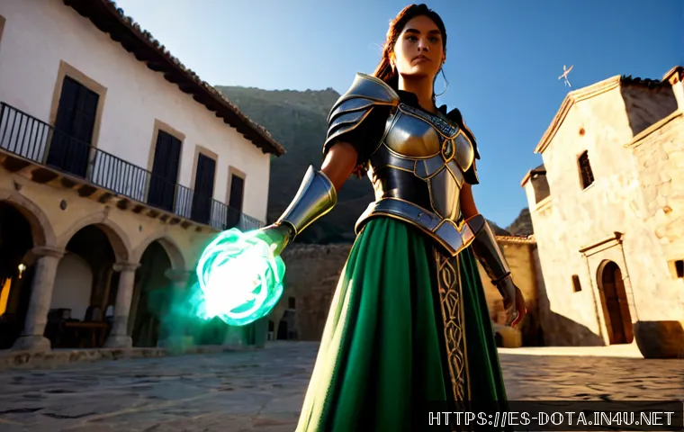 도타2 신규 영웅 소개 - Photorealistic cinematic introduction of an original fantasy MOBA hero, a confident armored female m...