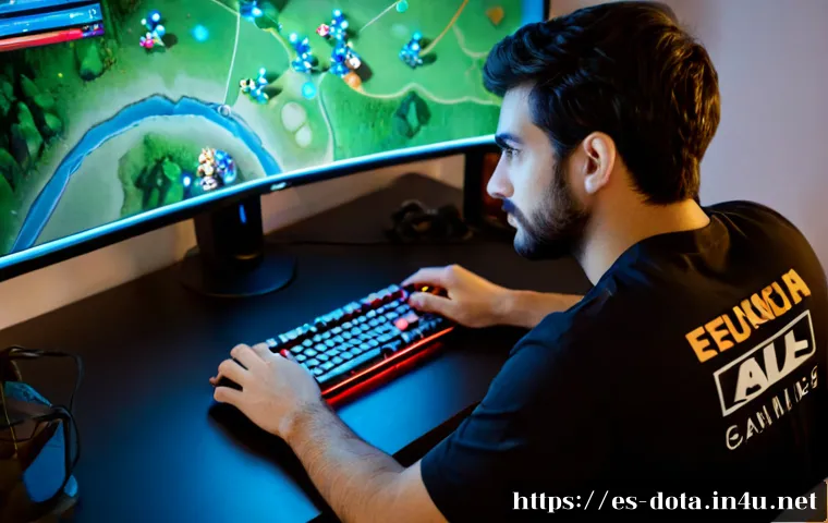 도타2 게임 종료 전략 - Photorealistic Spanish esports player at a clean home gaming desk, calmly making a final strategic d...